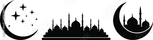 Ramadan Crescent and Mosque Landscape Black Silhouette Vector