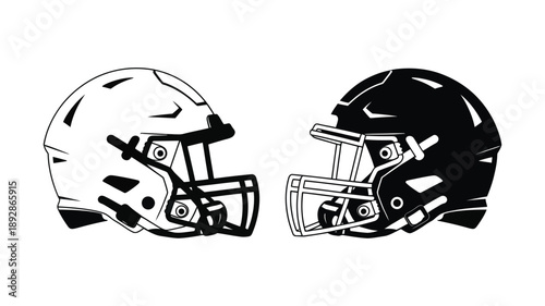Football Helmets Illustration, realistic side-by-side football helmet design in black and white on light gray background for sports concept artwork.