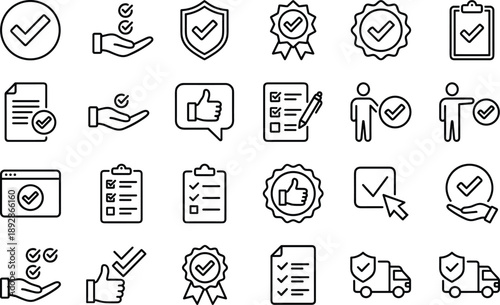 Minimal approval and verification line icons set illustrating checkmarks, validation, quality assurance, certification, trust, compliance, task completion, and customer satisfaction concepts for 