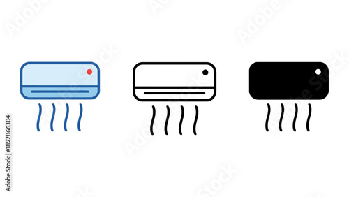 Three air conditioner units in different colors on a white background