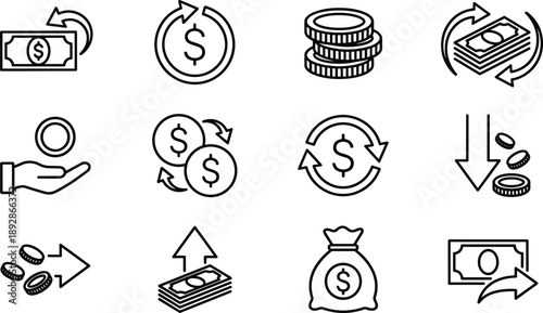 Minimal finance and money transfer line icons set illustrating cash flow, currency exchange, payments, savings, investment, profit, loss, and financial transaction concepts for business design