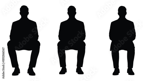 Three silhouetted figures of men in suits seated against a white background