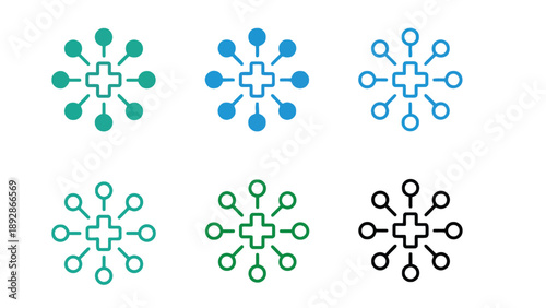 A set of six identical network logos in different colors on a white background