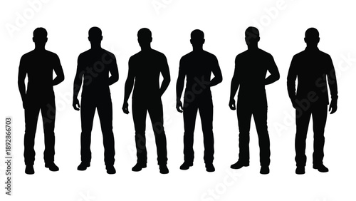 A row of six silhouetted men standing against a white background