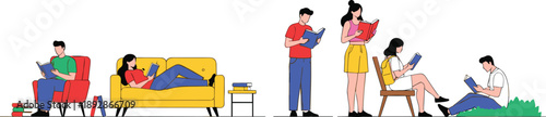Relaxed People Reading Illustration with Men and Women Studying Books While Sitting, Standing, and Lying Down for Education and Leisure Design