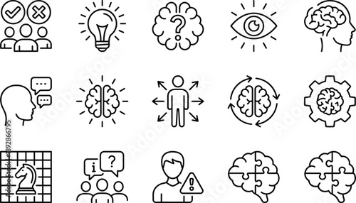 Minimal psychology and thinking line icons set illustrating brain activity, ideas, decision making, creativity, intelligence, problem solving, communication, strategy, and mental health concepts