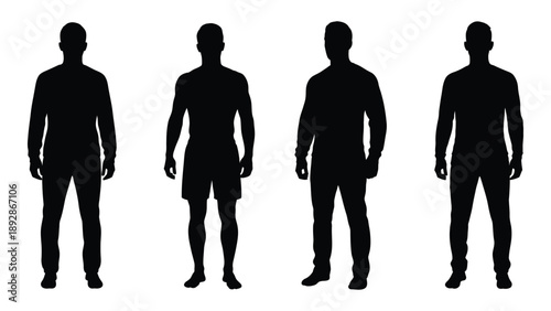 Four male silhouettes demonstrate varying body types and proportions high quality