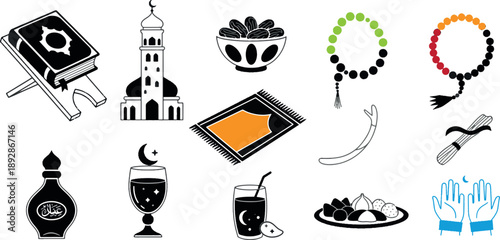 Islamic Ramadan Icon Set with Quran Mosque Prayer Rug and Dates