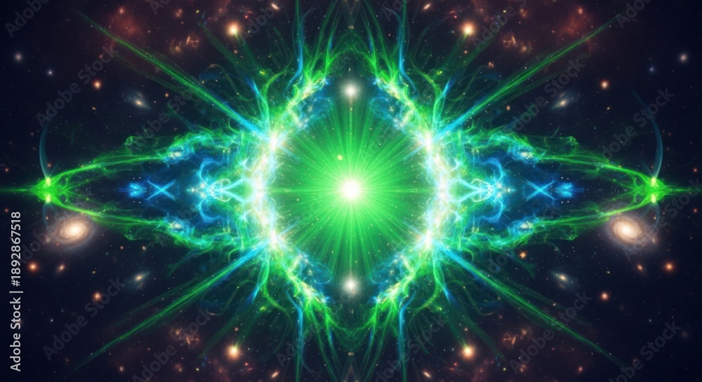 Obraz premium Symmetrical cosmic entity glows with green light against a starfield backdrop