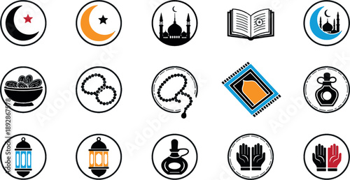 Islamic Religious Icon Set for Ramadan Kareem and Eid Mubarak with Mosque, Holy Quran, Lantern, Prayer Beads, Crescent Moon and Dates