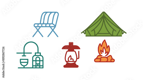 A colorful illustration of various camping and outdoor icons on a white background