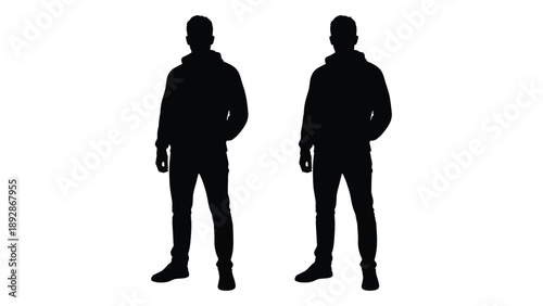 Two silhouetted figures stand facing forward appearing identical in posture