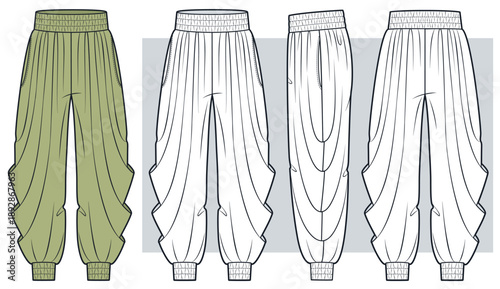 Draped Jogger Pants Technical Flat Sketch. Harem Pants fashion flat technical drawing template, loose fit, pockets, front, side and back view, white, green, women, men, unisex CAD mockup set.