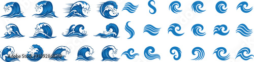 Abstract blue ocean waves, sea silhouette icons and marine water splashes. Spray and splatter symbols for tsunami, storm, tide and nautical weather concept. Vector collection.eps