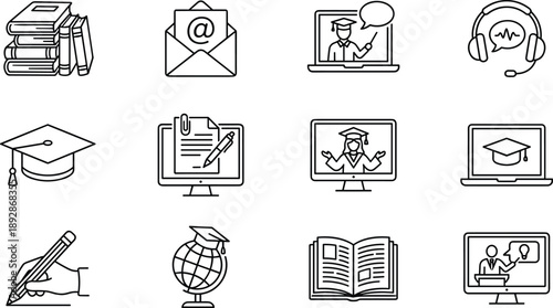Online education and e learning line icons set isolated on white background, digital classroom, distance learning, study tools, knowledge, training and academic outline symbols