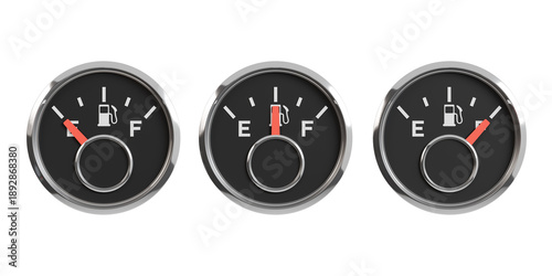 Fotografía Front-facing set of three car fuel gauge dials with red needles, evenly spaced in a horizontal row, isolated on transparent background, detailed automotive dashboard instrument cluster