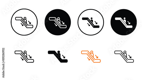 A set of black and white icons depicting people sliding down stairs