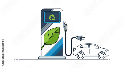 Electric Car Charging Station with Leaf Symbol.
