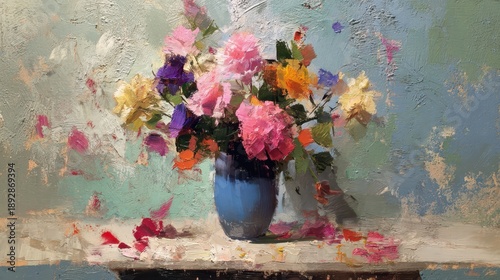 Floral Still Life with Blue Vase and Delicate Petals.
