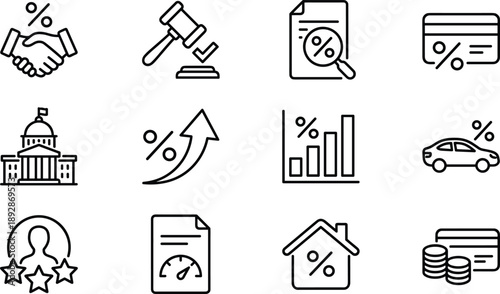 Outline finance, interest rate, and economic policy icon set featuring loans, taxes, legal approval, banking, credit cards, growth analytics, and investment symbols for modern financial UI design
