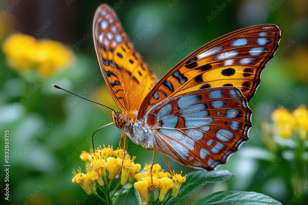 Obraz premium Butterfly with orange and blue wings on yellow flower