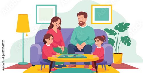 Flat vector illustration of a happy family with two children playing a board game together on a coffee table in a cozy living room