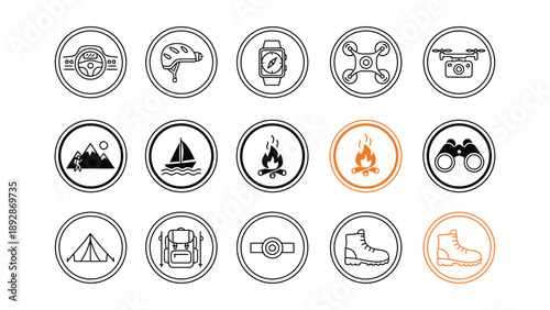 A collection of outdoor adventure icons for camping and hiking enthusiasts