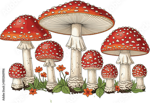 Detailed Vector Illustration of a Group of Amanita Muscaria Fungi, Featuring Vibrant Red Caps with White Spots, Stems, and Small Orange Flowers and  Fantasy, Forest, and Autumn Designs.