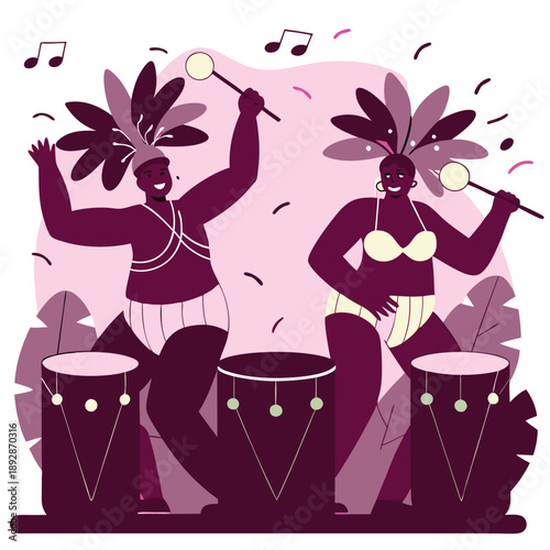 Brazilian Carnival Performers Playing Drums in Festive Vector Illustration