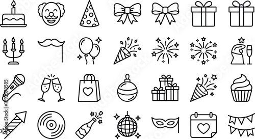 Party and Celebration Line Icons Set Featuring Birthday, Holiday, Gifts, Fireworks, Balloons, Cake, Music and Festive Event Decorations for Invitations, Web and App Design