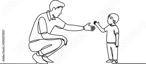 Father and Son Line Drawing Illustration, continuous line art of father reaching hand to little son learning to walk, minimalist family concept vector.