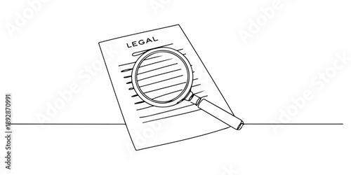 Continuous one line of a magnifying glass over legal text, law and justice art, drawn vector illustration.