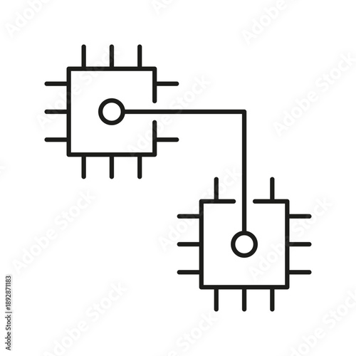 Microchip Connection Line Icon. Data Transfer And Circuit Integration Outline Symbol. Technology And Electronics Communication. Editable Stroke. Isolated Vector Illustration