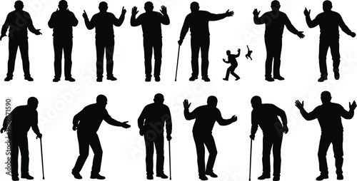 Human aging silhouette sequence, life stages from child to elderly, black icon design, posture evolution, body transformation, generational timeline illustration