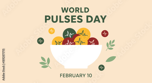 Celebrate World Pulses Day with a vibrant illustration showcasing healthy plant-based food in a bowl, promoting sustainable nutrition for global well-being