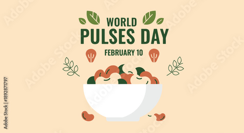 Illustration for World Pulses Day on February 10, showcasing a bowl of healthy legumes and green elements
