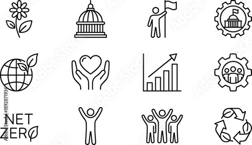 Sustainability and social responsibility icon set featuring net zero, environment, government, community, growth, recycling, and global impact symbols in clean outline style for web and app design.