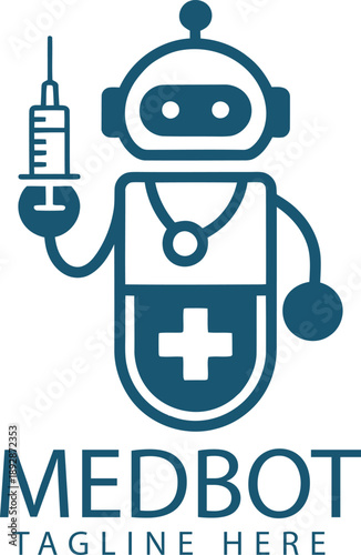 Medical robot holding syringe with stethoscope and cross symbol on chest