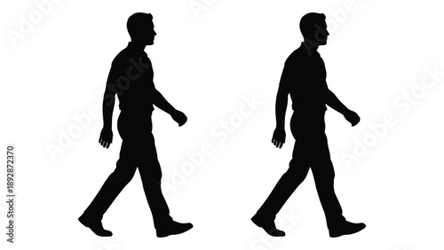 Two silhouetted figures of men walking side by side against a white background
