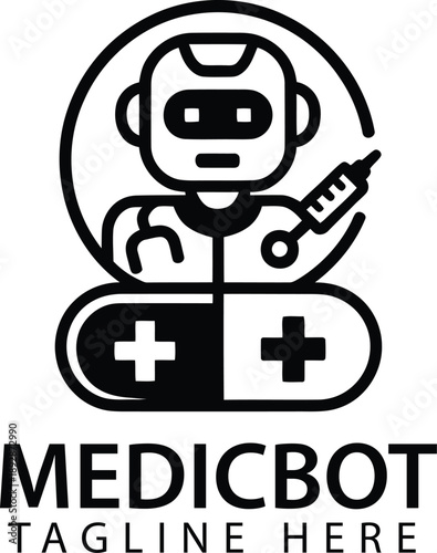 Medical robot holding syringe in circle with pill icon healthcare concept illustration