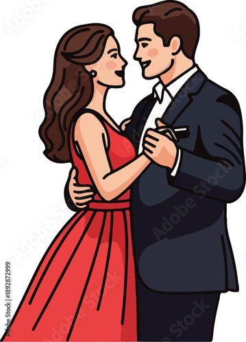 Elegant couple dressed formally dancing closely together while sharing a romantic gaze on transparent background. on transparent background