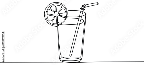 Glass with Lemonade Line Drawing Illustration, continuous one line vector showing refreshing drink with straw for menu, summer, and beverage design.