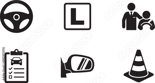 A collection of icons representing driving school elements and test preparation Vector