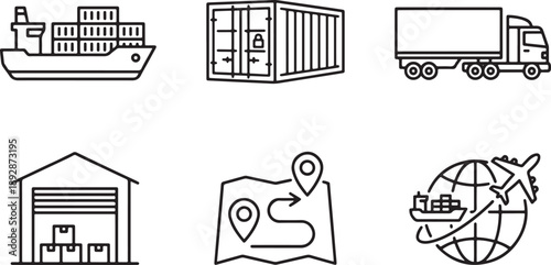 A collection of logistics and transportation icons including ship, truck, warehouse, and globe Vector