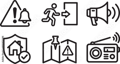 A collection of line icons representing emergency preparedness and safety measures Vector