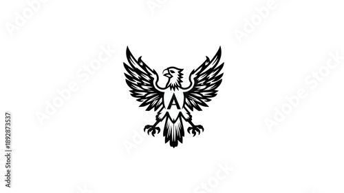 Majestic black and white eagle illustration with spread wings, powerful bird of prey, featuring initial 'A' in vintage heraldic style.