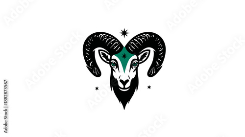 Stylized ram head illustration with majestic horns, featuring mystical elements and a bold, powerful animal symbol design.