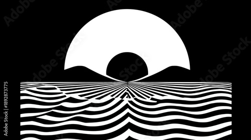 Abstract black and white optical art with a minimalist geometric semicircle and surreal wavy striped perspective