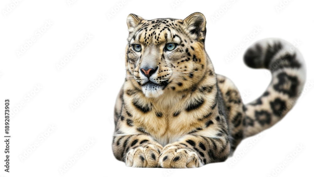 Fototapeta premium Snow leopard rests in a natural position while looking toward the viewer in a bright setting surrounded by white space