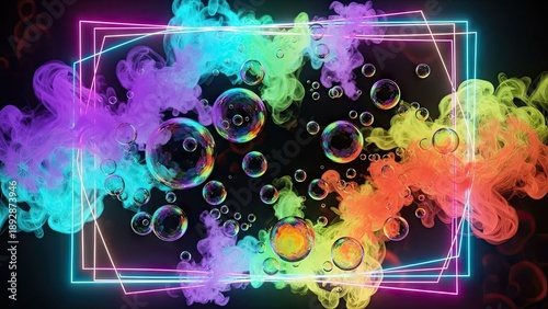A vibrant digital artwork featuring colorful smoke and bubbles in neon lights